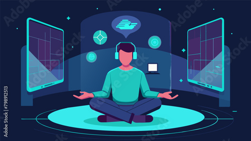 A person sitting in a chamber with floating holographic screens controlling technology with their thoughts through AIbrain integration..