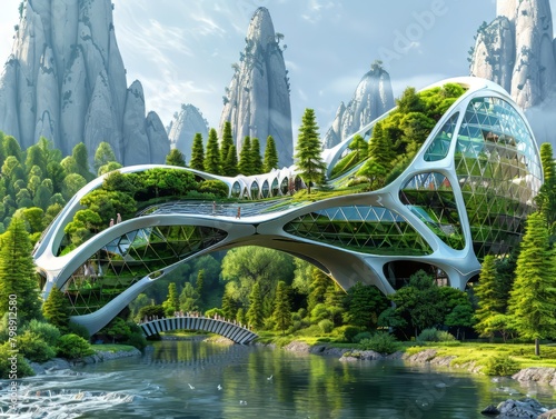 An ultra-futuristic city surrounded by mountains and greenery
