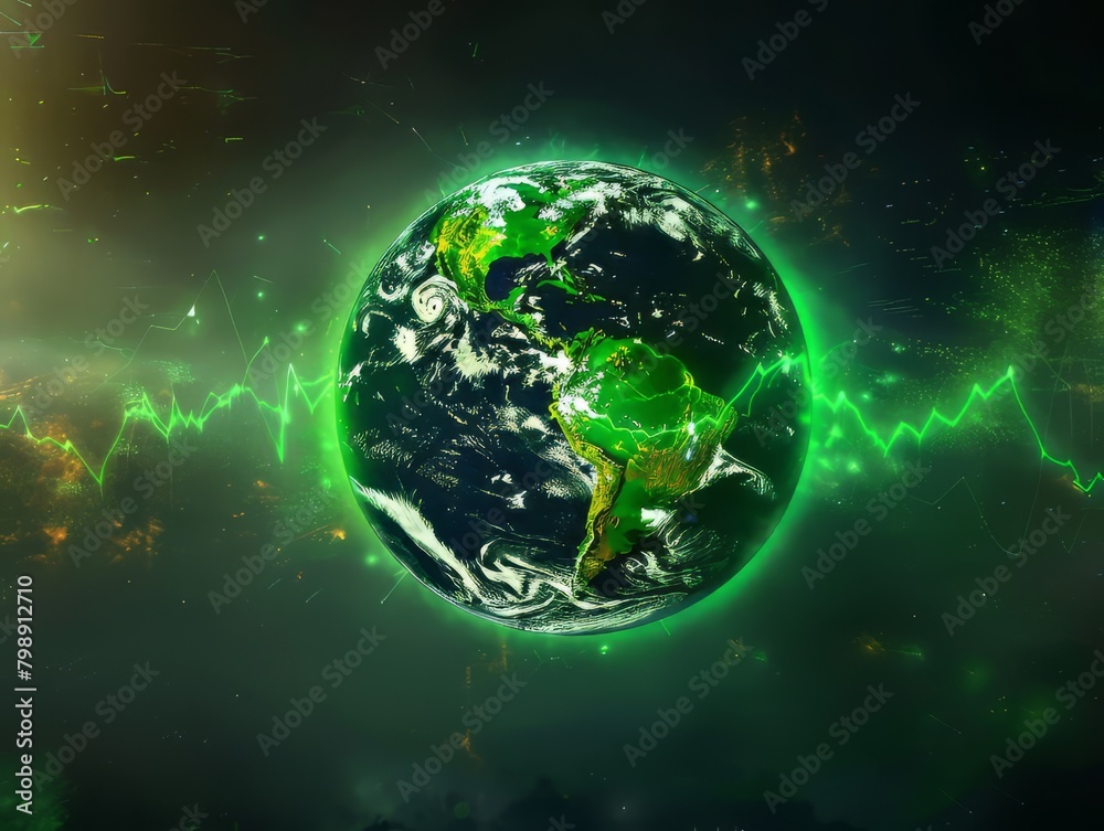 Earth surrounded by green energy waves Earth surrounded by green energy waves