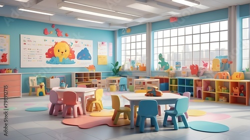 A daycare center's classroom using generative AI without any kids or teachers photo