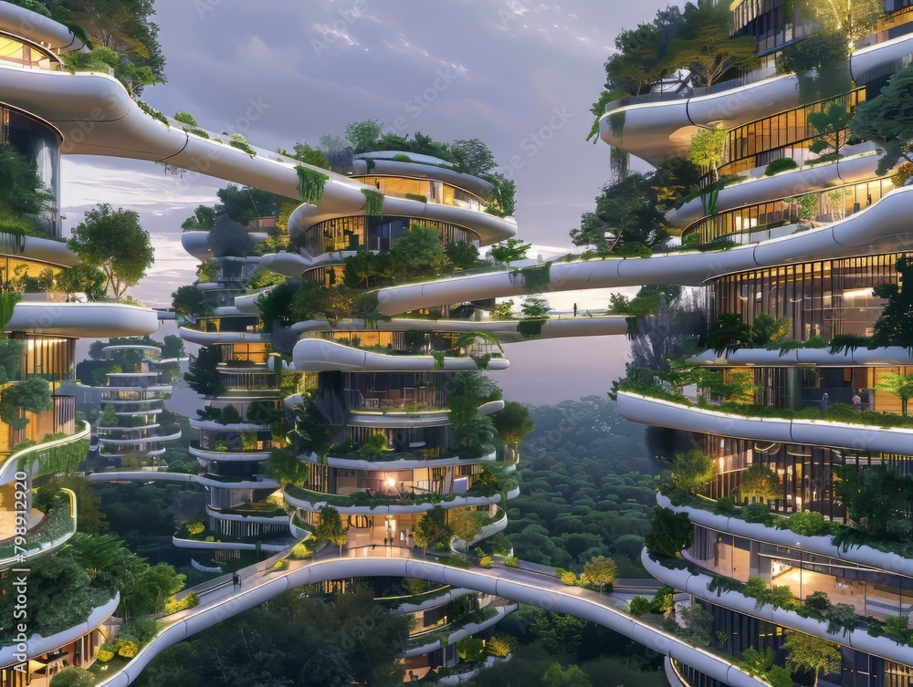 Futuristic city with green buildings covered in plants and trees