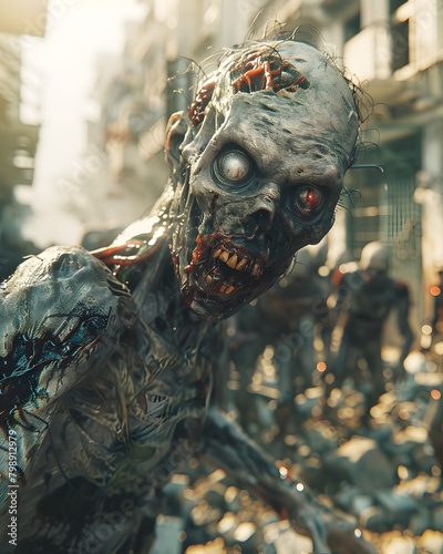 Cybernetically Enhanced Survivor Navigates Mutant Zombie Horde in Dilapidated Post-Apocalyptic City Streets