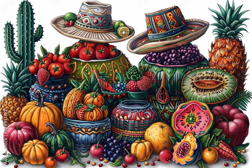 Various fruits and vegetables displayed in a painting festa Junina