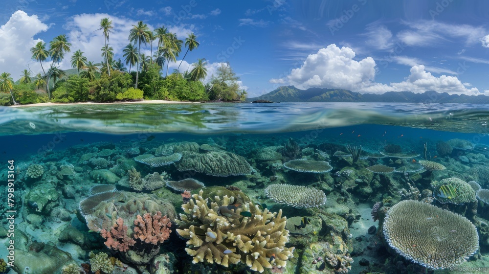 A panoramic view of a remote island paradise, with palm-fringed beaches and vibrant coral reefs teeming with marine life.