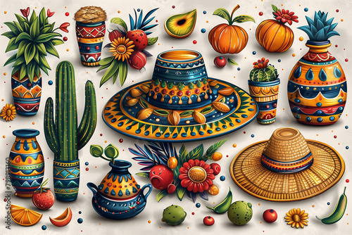 Colorful painting featuring a variety of traditional Mexican items, including sombreros, maracas, cacti, and pottery festa Junina