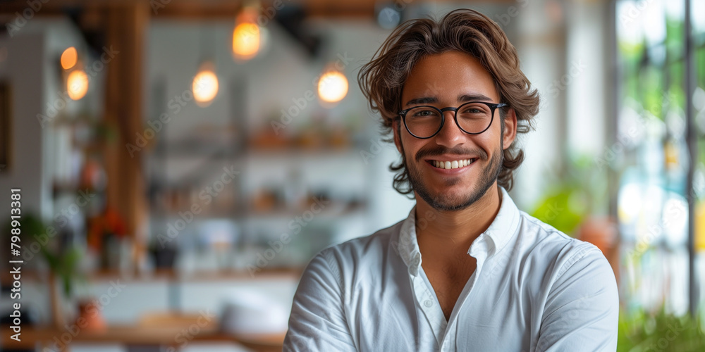 Obraz premium A man accountant wearing glasses smiles directly at the camera on a white background