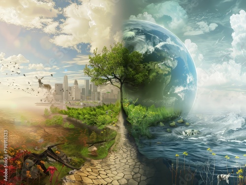 Half of the earth is a cityscape with pollution and the other half is nature with greenery and wildlife