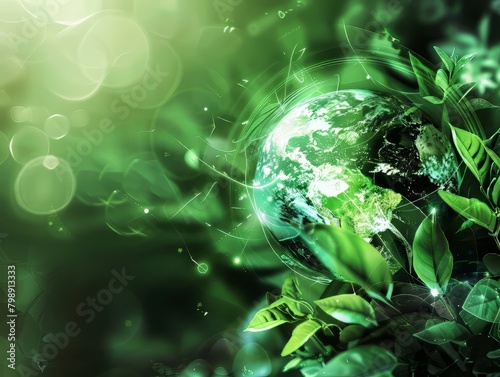 Green plants and leaves with a glowing green earth in the background