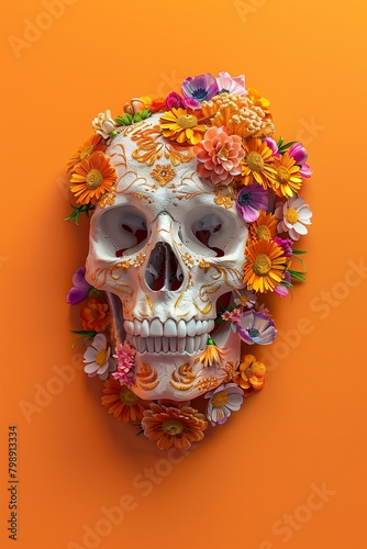 Colorful 3D render of a Mexican skull with flower embellishments on an orange background