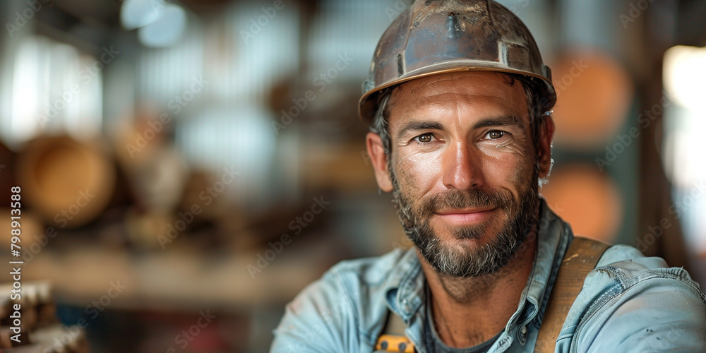 A builder man wearing a hard hat is working in a factory setting