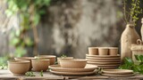 Earth-toned biodegradable bowls and plates on timber, arranged to convey eco-friendly food packaging solutions.