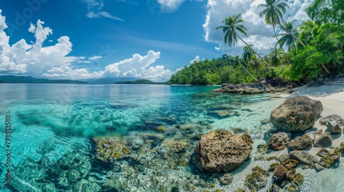 A panoramic view of a remote island paradise  with palm-fringed beaches and vibrant coral reefs teeming with marine life.