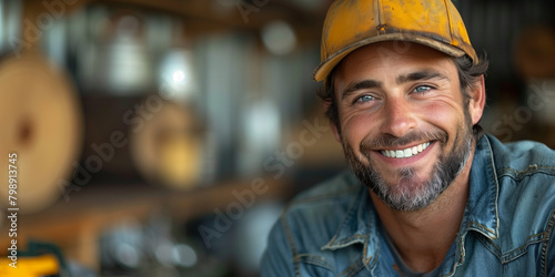 A carpenter man wearing a hard hat smiles against a white background photo