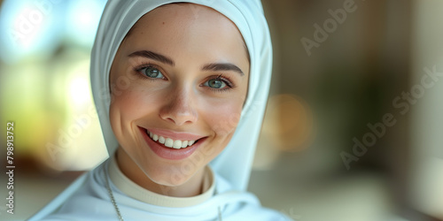 A catholic nun woman wearing a headscarf smiles directly at the camera photo
