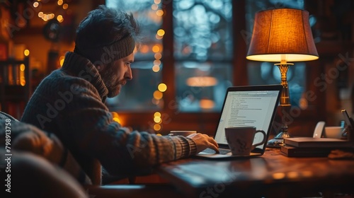 A person sitting at a desk with a laptop, starting their workday with a cup of coffee and checking emails, illustrating the routine of remote work.