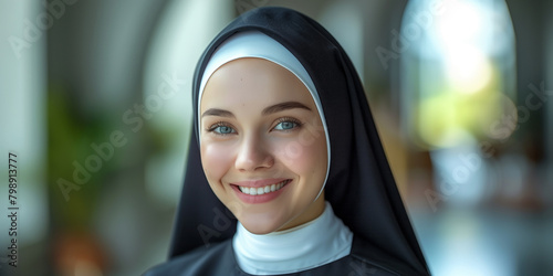 A catholic nun woman wearing a nun outfit smiles at the camera against a white background photo