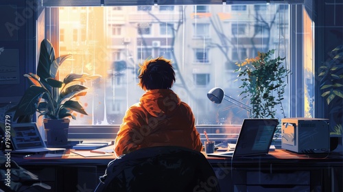 A person sitting at a desk with a laptop, starting their workday with a cup of coffee and checking emails, illustrating the routine of remote work. photo