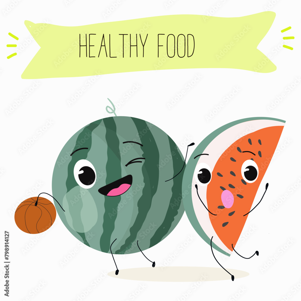 Fototapeta premium Cute watermelon characters, funny fruits, funny berry with different activities. Flat vector illustration. Organic food, healthy food, illustrations for kids menu, invitations.