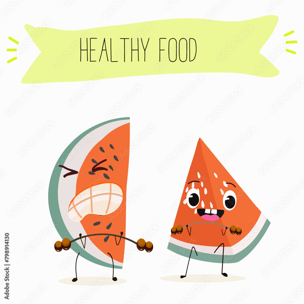 Cute watermelon characters, funny fruits, funny berry with different activities. Flat vector illustration. Organic food, healthy food, illustrations for kids menu, invitations. Cute watermelon characters, funny fruits, funny berry with different activities. Flat vector illustration. Organic food, healthy food, illustrations for kids menu, invitations.
