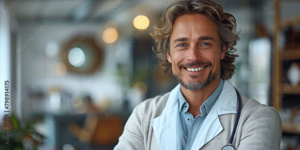 Fototapeta premium A man doctor with a stethoscope around his neck smiling