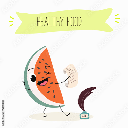 Cute watermelon characters, funny fruits, funny berry with different activities. Flat vector illustration. Organic food, healthy food, illustrations for kids menu, invitations.