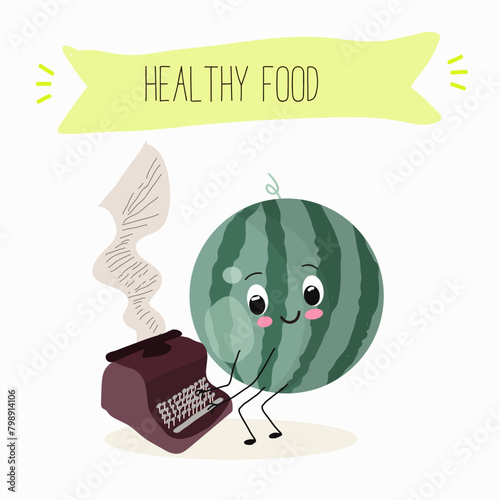 Cute watermelon characters, funny fruits, funny berry with different activities. Flat vector illustration. Organic food, healthy food, illustrations for kids menu, invitations.