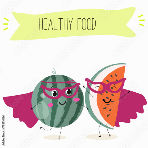Cute watermelon characters, funny fruits, funny berry with different activities. Flat vector illustration. Organic food, healthy food, illustrations for kids menu, invitations.