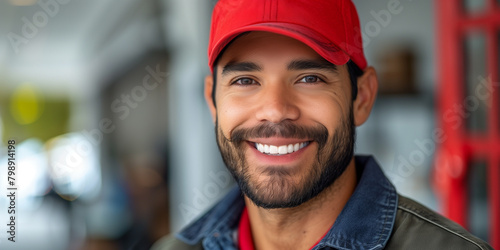 A doorman wearing a red hat smiling against a white background