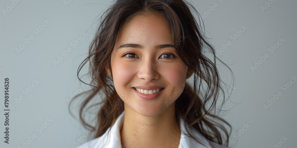 Fototapeta premium A female accountant with long hair smiling at the camera on a white background