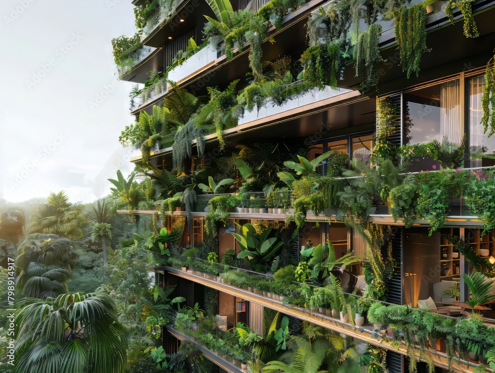 The facade of a residential building is covered in lush greenery
