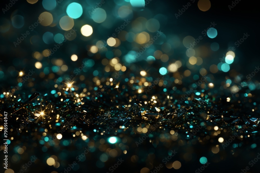 Glittering background with bokeh defocused lights and stars. Green Glitter Background for Black Friday, Christmas or Special Occasion	
