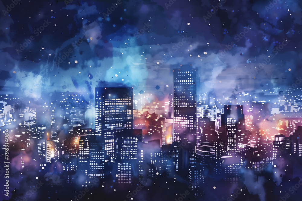 Fototapeta premium 都市のスカイラインを水彩で表現した夜景