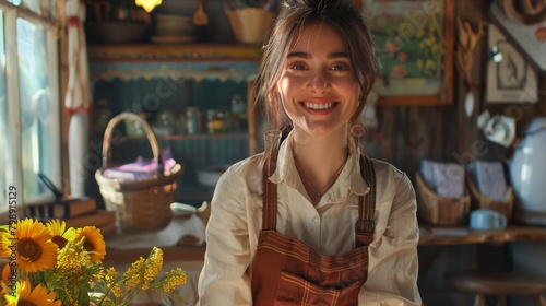 A receptionist at a countryside bed and breakfast, smiling as they greet guests and offer hiking trail maps and picnic basket rentals.