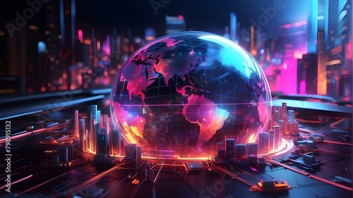 Future energy power technology and internet connection concept, neon colourful global world in cyberspace, and 3D rendered background of the metaverse digital universe