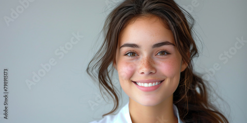 A young woman doctor with long hair smiling directly at the camera on a white background