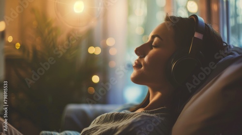 A person wearing headphones, immersed in music while relaxing in a cozy setting, portraying personal audio enjoyment.