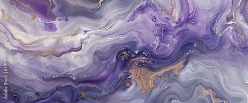 Ethereal lavender marble ink drifts gracefully through a whimsical abstract landscape, twinkling with scattered glitters.