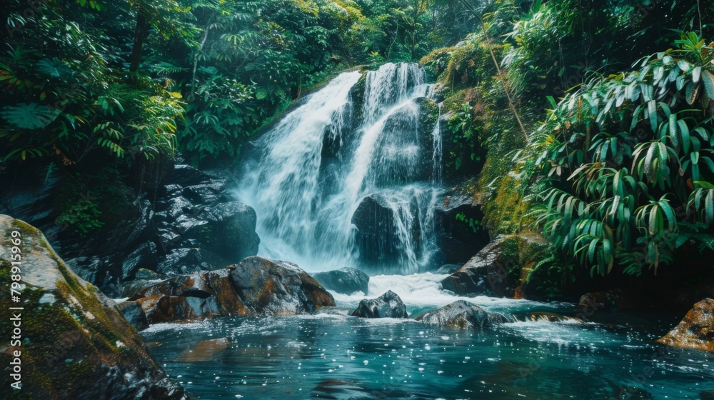 Naklejka premium A picturesque tropical waterfall cascading down mossy rocks into a crystal-clear pool surrounded by lush vegetation.