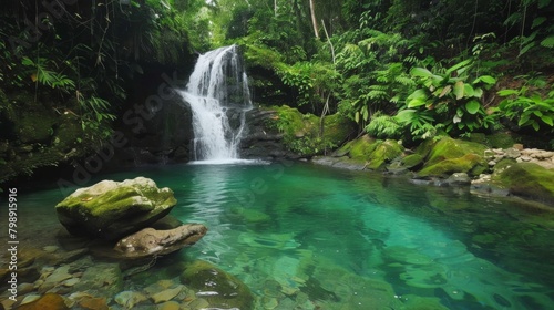 A picturesque tropical waterfall cascading down mossy rocks into a crystal-clear pool surrounded by lush vegetation.