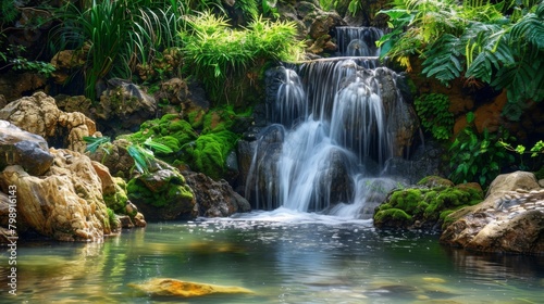 A picturesque tropical waterfall cascading down mossy rocks into a crystal-clear pool surrounded by lush vegetation.