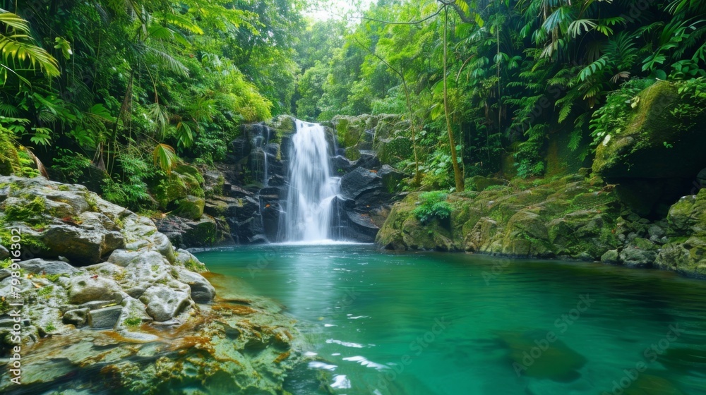 A picturesque tropical waterfall cascading down mossy rocks into a crystal-clear pool surrounded by lush vegetation. A picturesque tropical waterfall cascading down mossy rocks into a crystal-clear pool surrounded by lush vegetation.