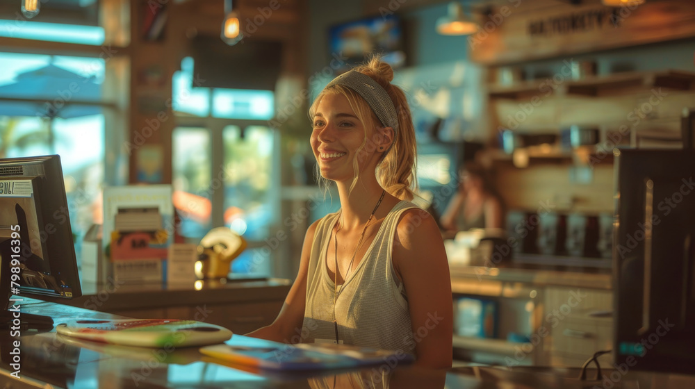 A receptionist at a waterfront hotel, smiling as they check in guests and offer kayak and paddleboard rentals.