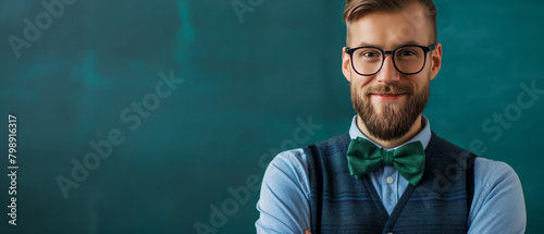Cheerful male teacher with a neatly trimmed beard, stylish glasses, and a bow tie stands confidently in front of a classroom with a warm, approachable smile photo