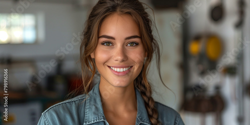 A repairwoman in a blue jean jacket smiling against a white background photo