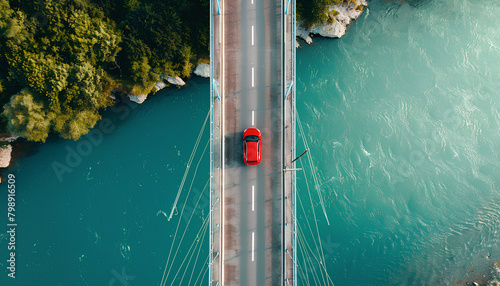 car drives along an openwork bridge over a river, top view photo