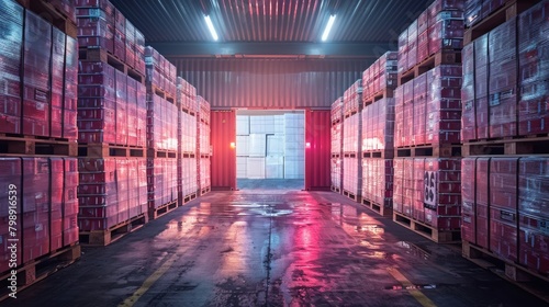 A refrigerated shipping container loaded with pallets of frozen chicken products ready for export, showcasing the logistics and transportation aspect of the supply chain. photo