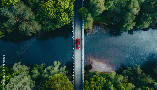 car drives along an openwork bridge over a river, top view