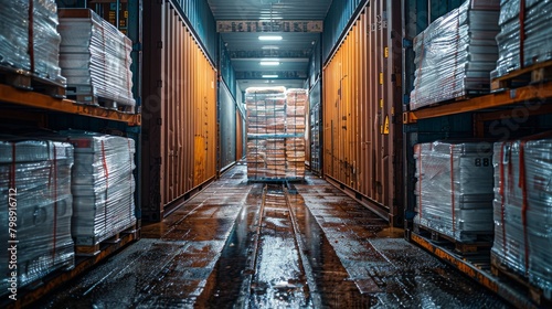 A refrigerated shipping container loaded with pallets of frozen chicken products ready for export, showcasing the logistics and transportation aspect of the supply chain.