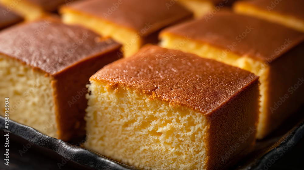 Freshly baked sponge cake arranged neatly on a baking sheet, inviting with its golden crust Freshly baked sponge cake arranged neatly on a baking sheet, inviting with its golden crust