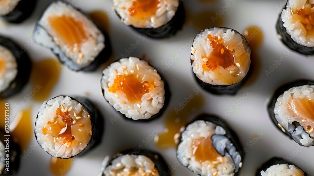 A platter of bite-sized sushi rolls floating in soy sauce, showcasing Japanese cuisine's delicate artistry. A platter of bite-sized sushi rolls floating in soy sauce, showcasing Japanese cuisine's delicate artistry.
